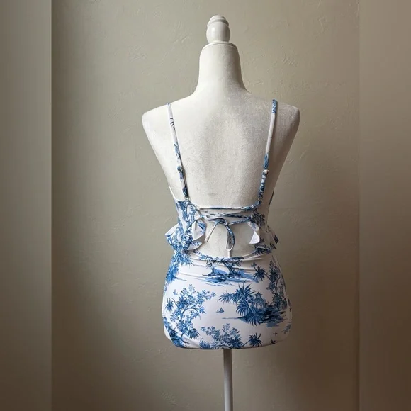 Lands’ End Blue White Toile Cutout One Piece Swimsuit Tie Front XS 2-4 - Picture 6 of 10